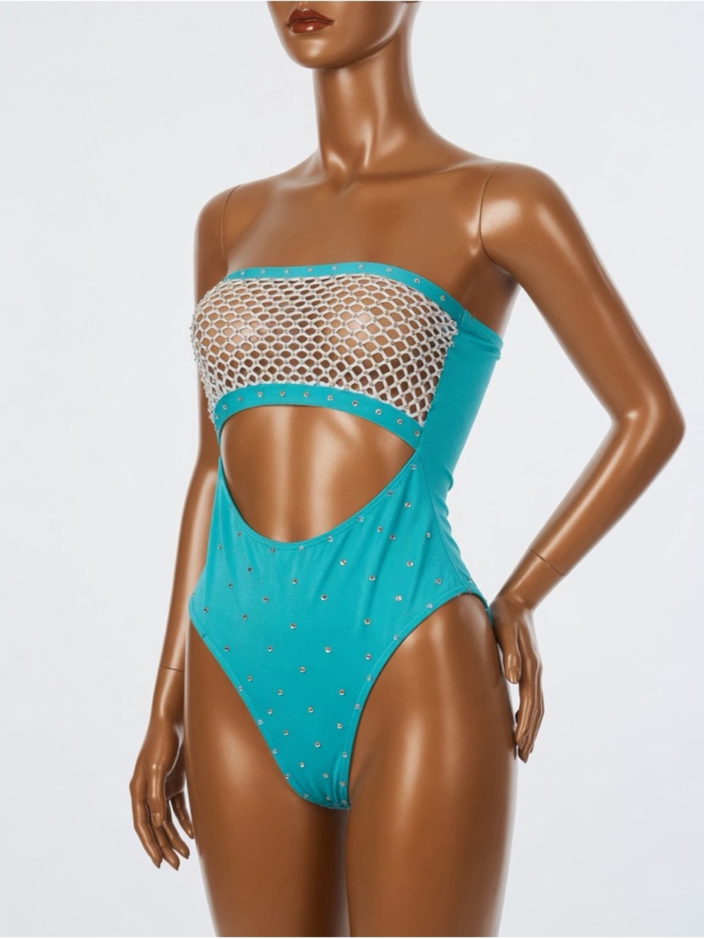 Turquoise Cutout One-Piece Swimsuit with Mesh Panel